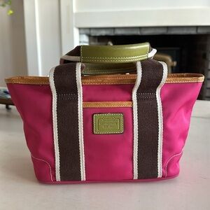 Vintage Y2K Coach Hot Pink Nylon Mini Hampton Tote w/ Camel & Lime Leather Trim